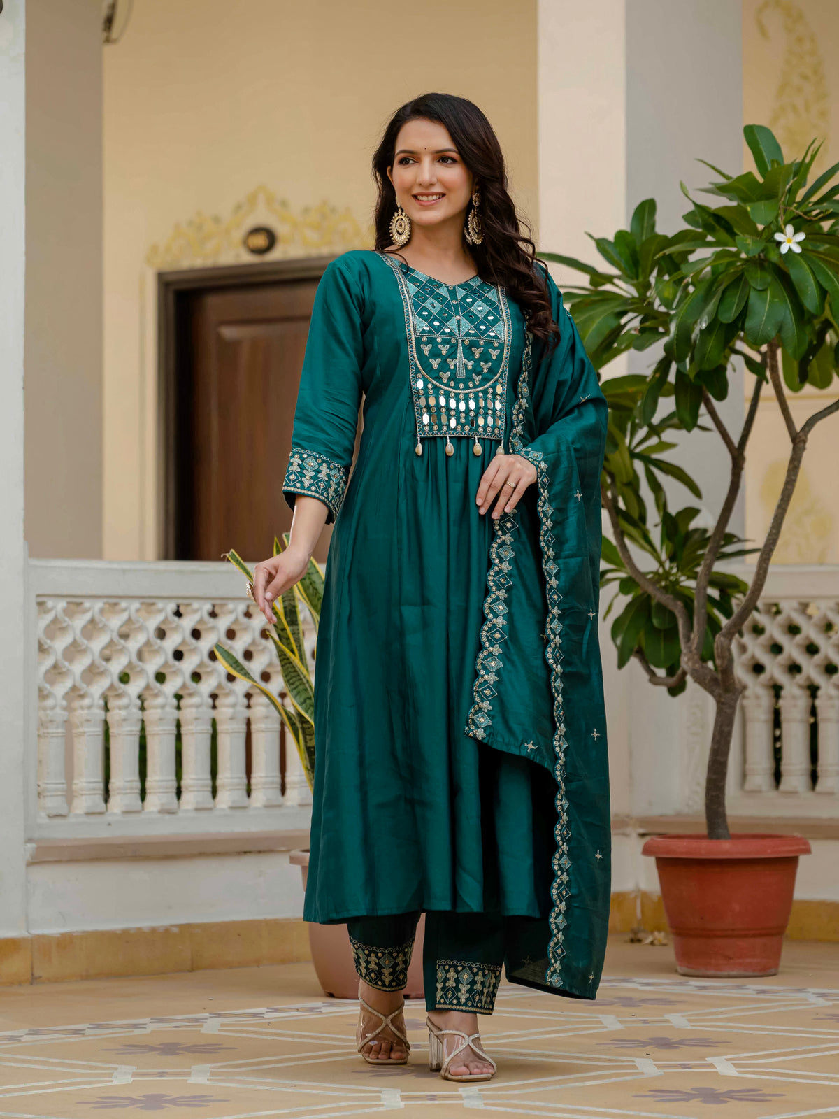 Teal Viscose Roman Silk Anarkali Kurti Pant Set
