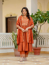 Orange Viscose Roman Silk Anarkali Kurti Pant Set