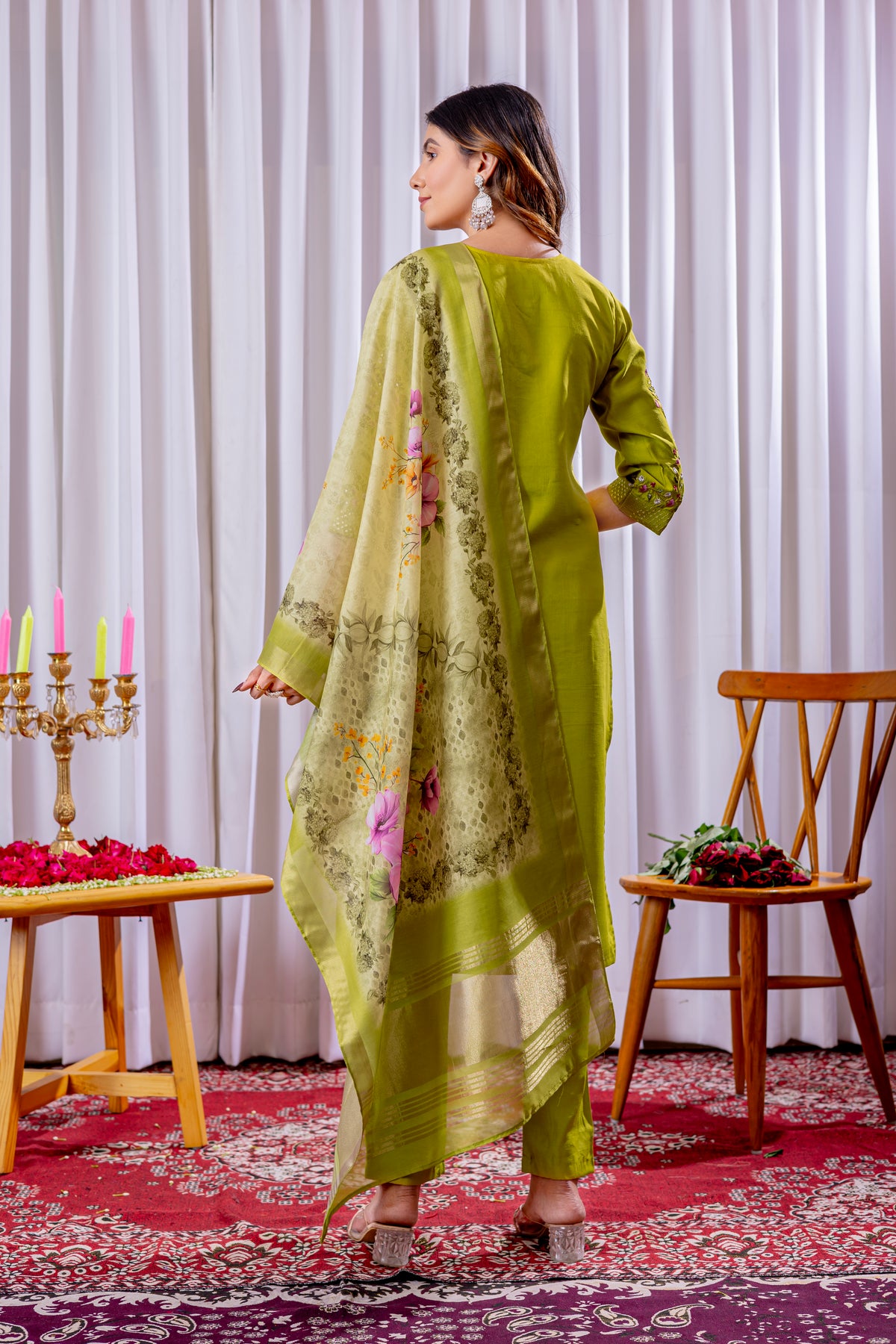 Elegant Parrot Green Viscose Silk Embroidered Kurta Set