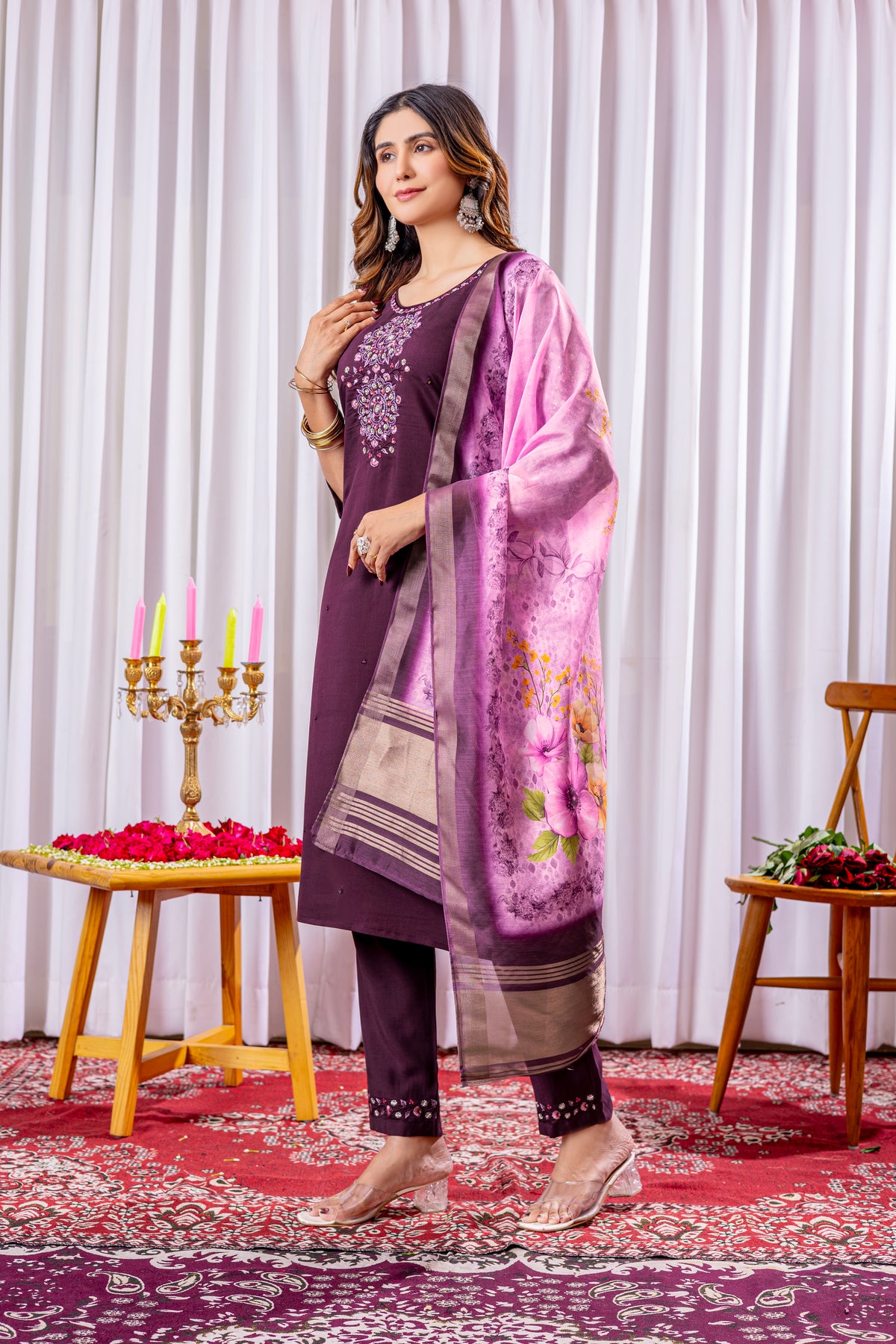Elegant Wine Viscose Silk Embroidered Kurta Set