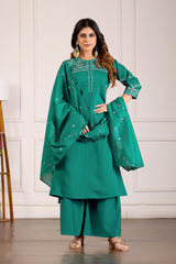 Rama Green Viscose Mango Silk Anarkali Kurti Set