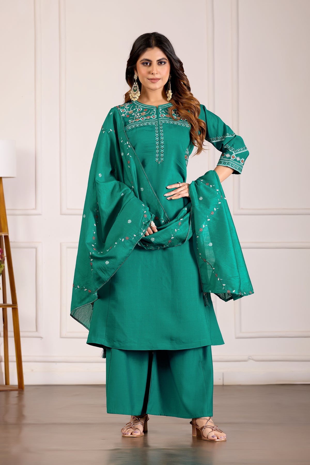 Rama Green Viscose Mango Silk Anarkali Kurti Set