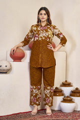 Mustard Brown Pure Cotton Printed Co-Ord Set