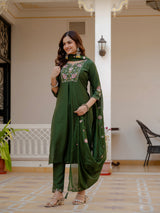 Green Viscose Mango Silk Embroidered Kurti Set