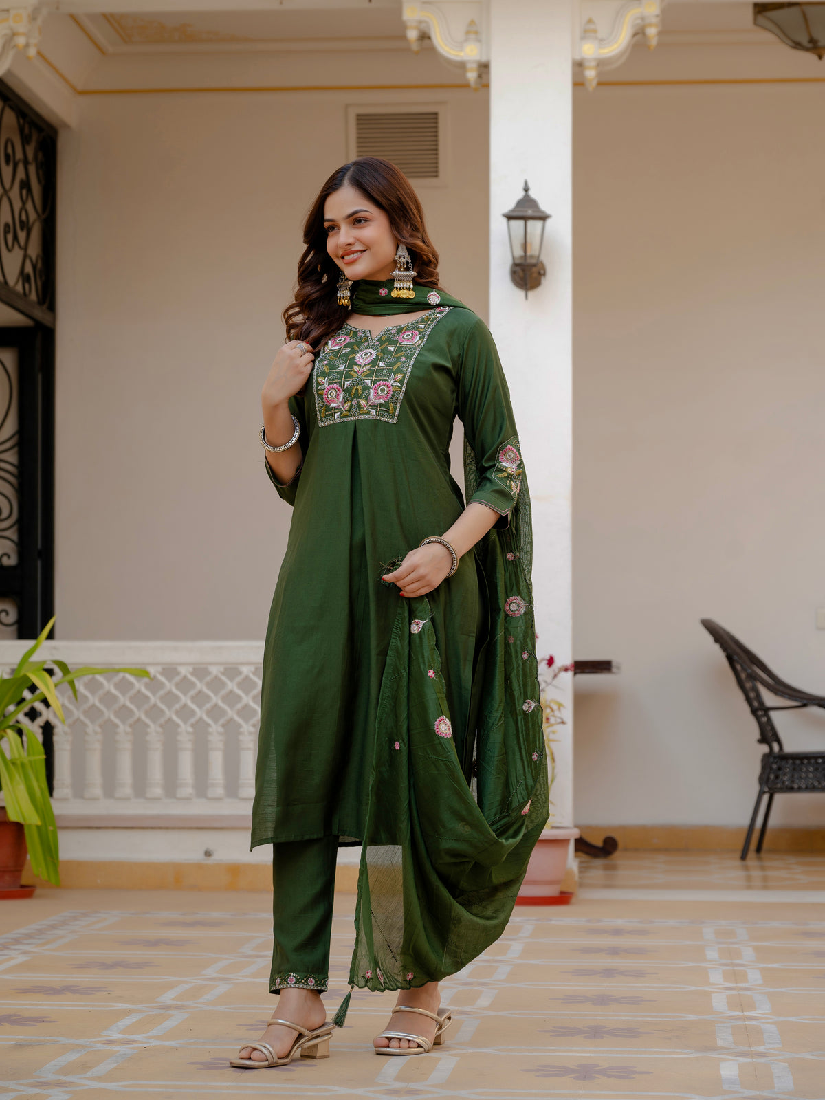 Green Viscose Mango Silk Embroidered Kurti Set