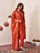 Rust Orange Roman Silk Embroidered Kurti Pant Dupatta Set
