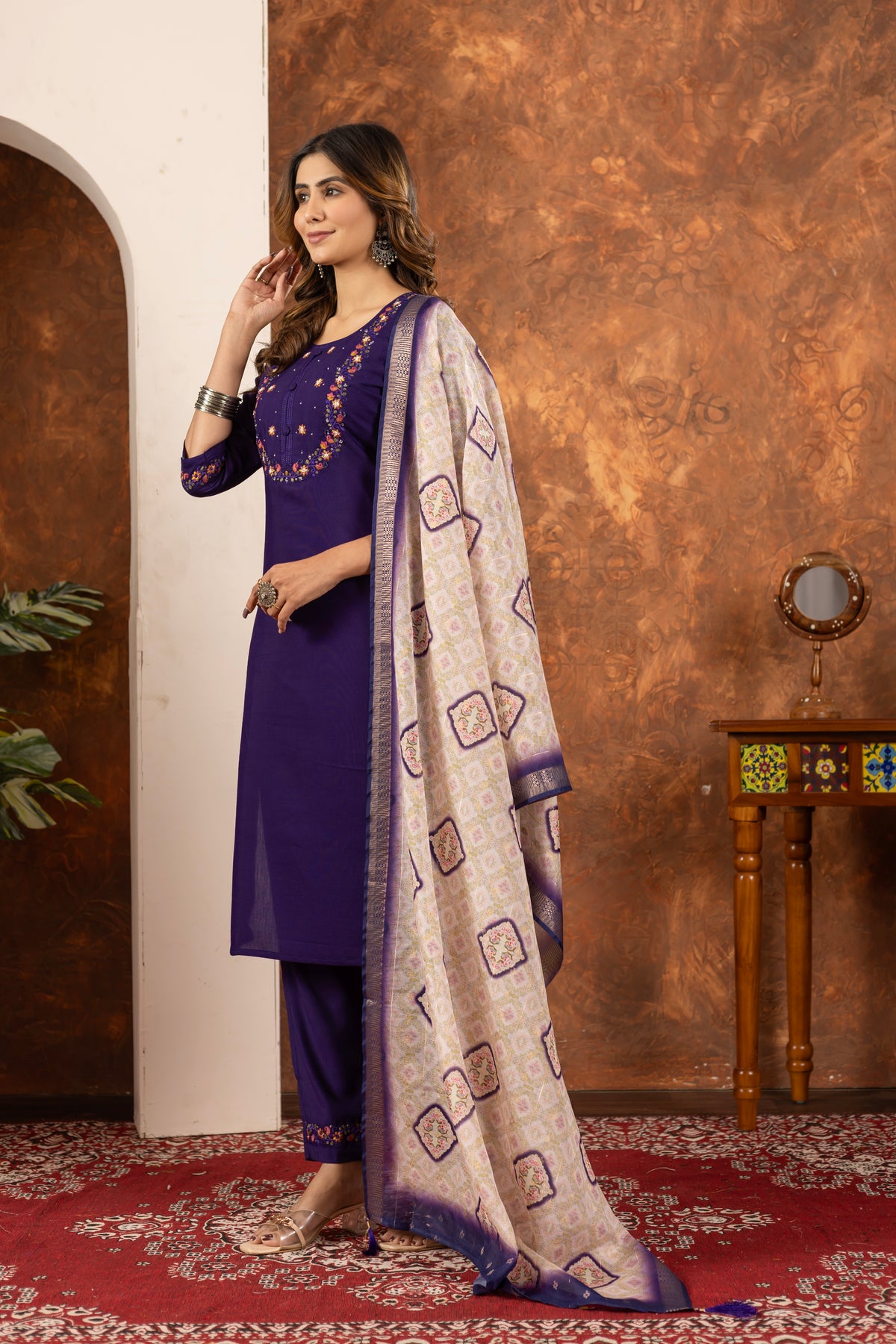 Purple Marina Silk Multi Embroidered Suit Set