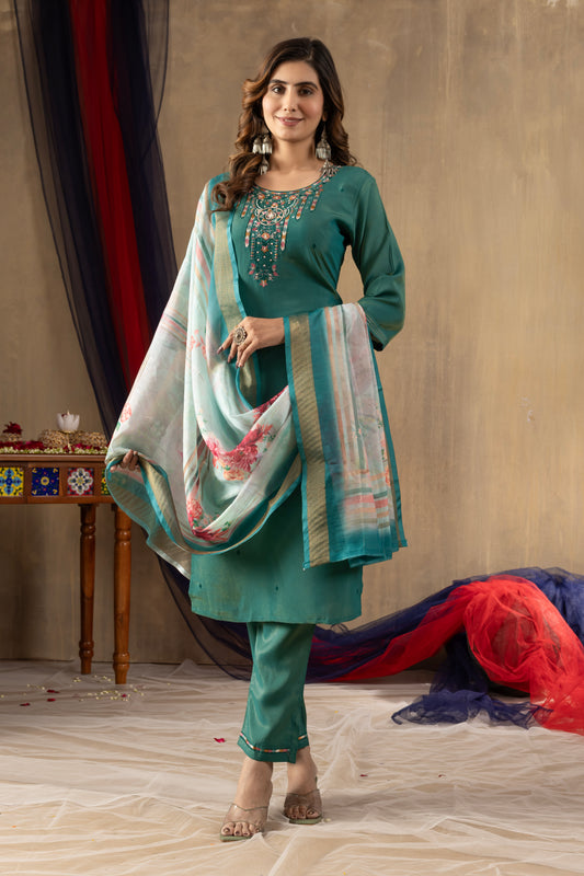 Rama Green Shimmer Gold Silk Multi Embroidered Suit Set