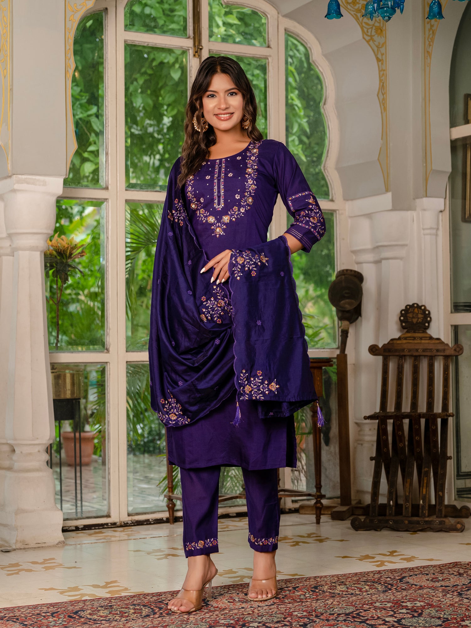 Violet Marina Silk Multi Embroidered Suit Set