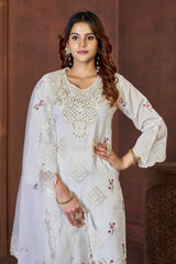 White Heavy Viscose Roman Silk Embroidered Kurti Pant Dupatta Set