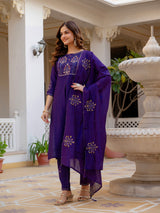 Violet Viscose Mango Silk Embroidered Kurti Set
