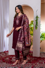 Wine Marina Viscose Silk Multi Embroidered Suit Set