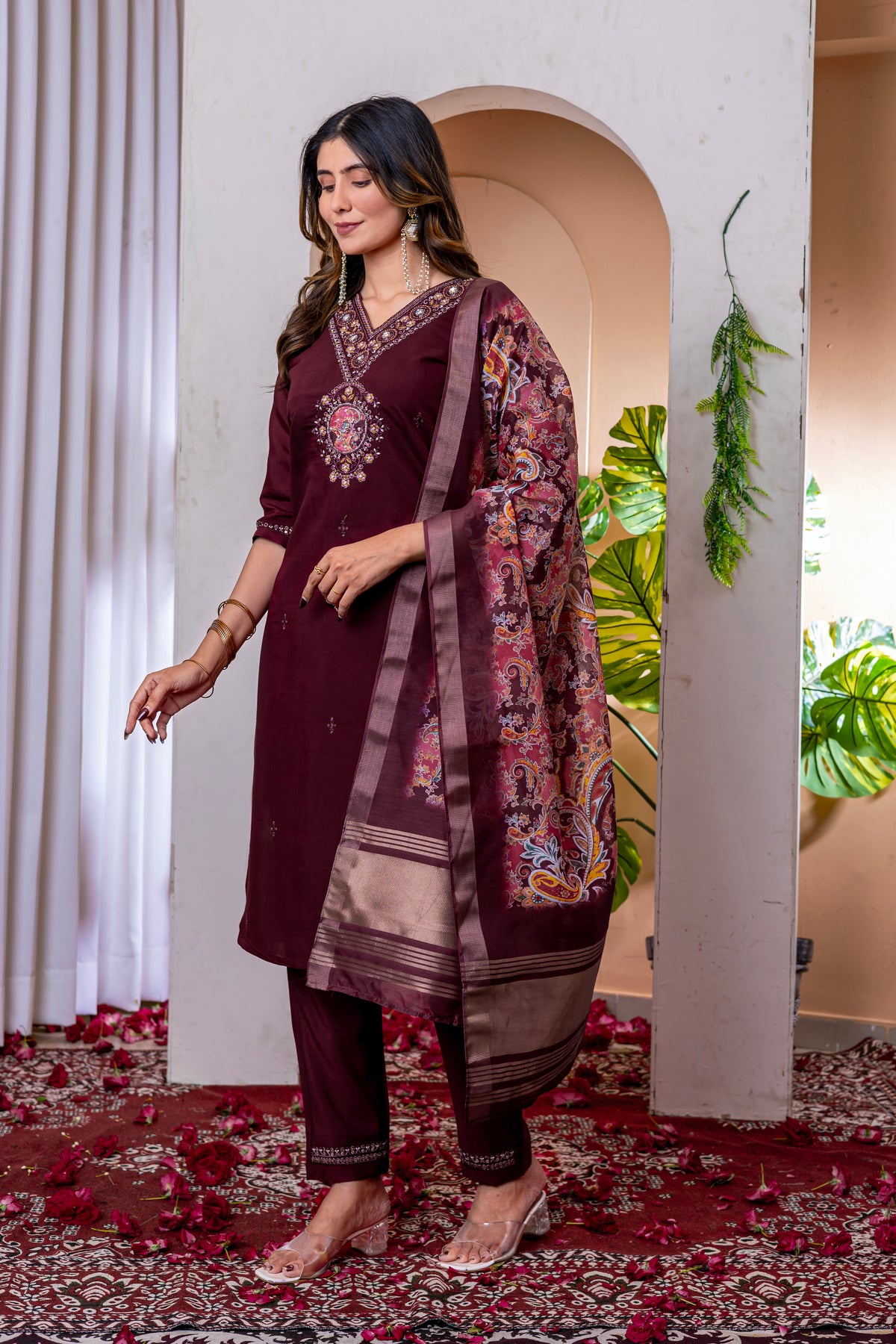 Wine Marina Viscose Silk Multi Embroidered Suit Set