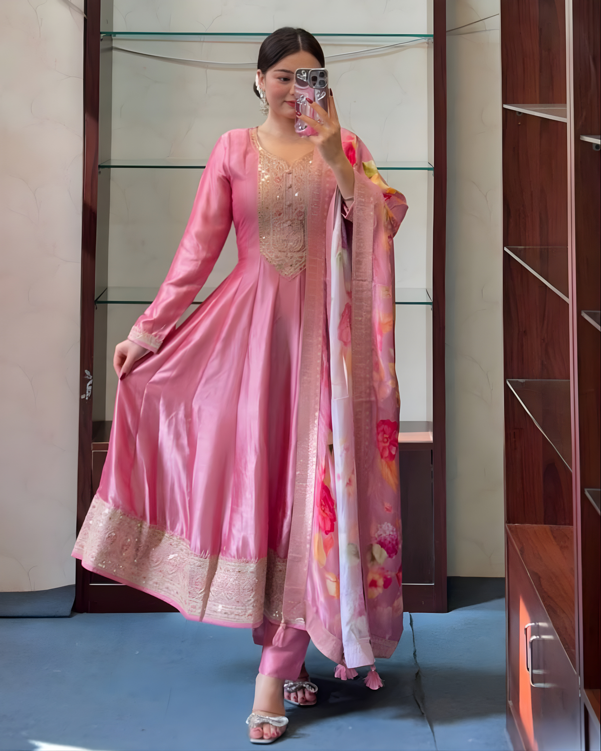 Blush Pink Anarkali Kurti Pant Dupatta Set