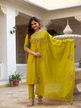 Yellow Viscose Mango Silk Embroidered Kurti Set