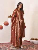 Coffee Brown Roman Silk Embroidered Kurti Pant Dupatta Set