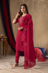 Rani Pink Roman Silk Multi Embroidered Suit Set
