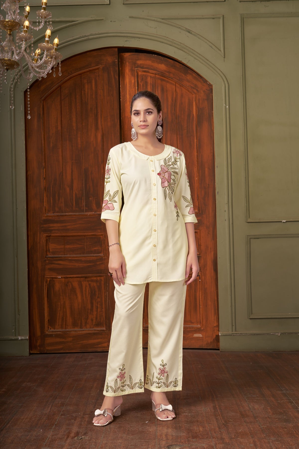 Elegant White Heavy Rayon Embroidered Co-Ord Set