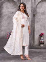 Off White Roman Silk Embroidered Kurti Pant Dupatta Set