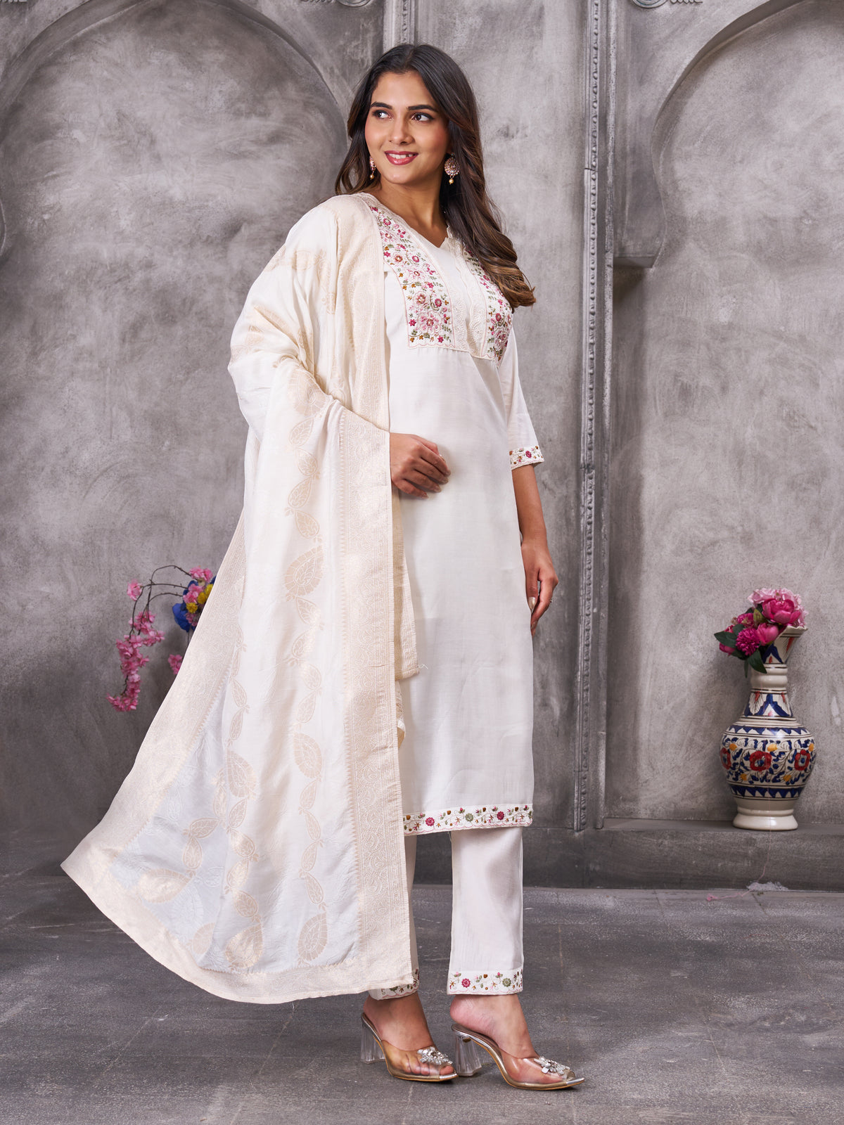 Off White Roman Silk Embroidered Kurti Pant Dupatta Set