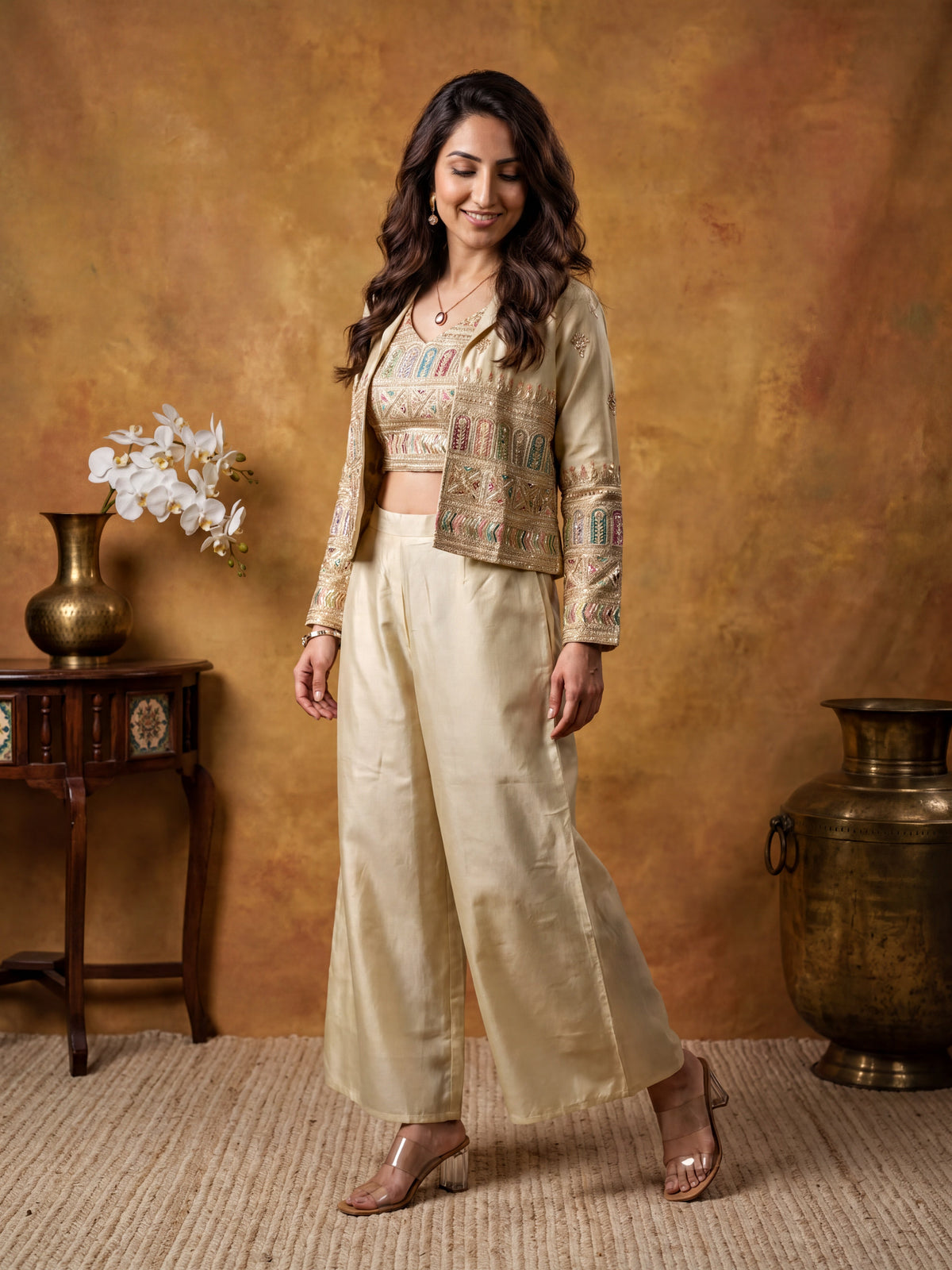 Cream Embroidered Naylon Tissue 3-Piece Suit