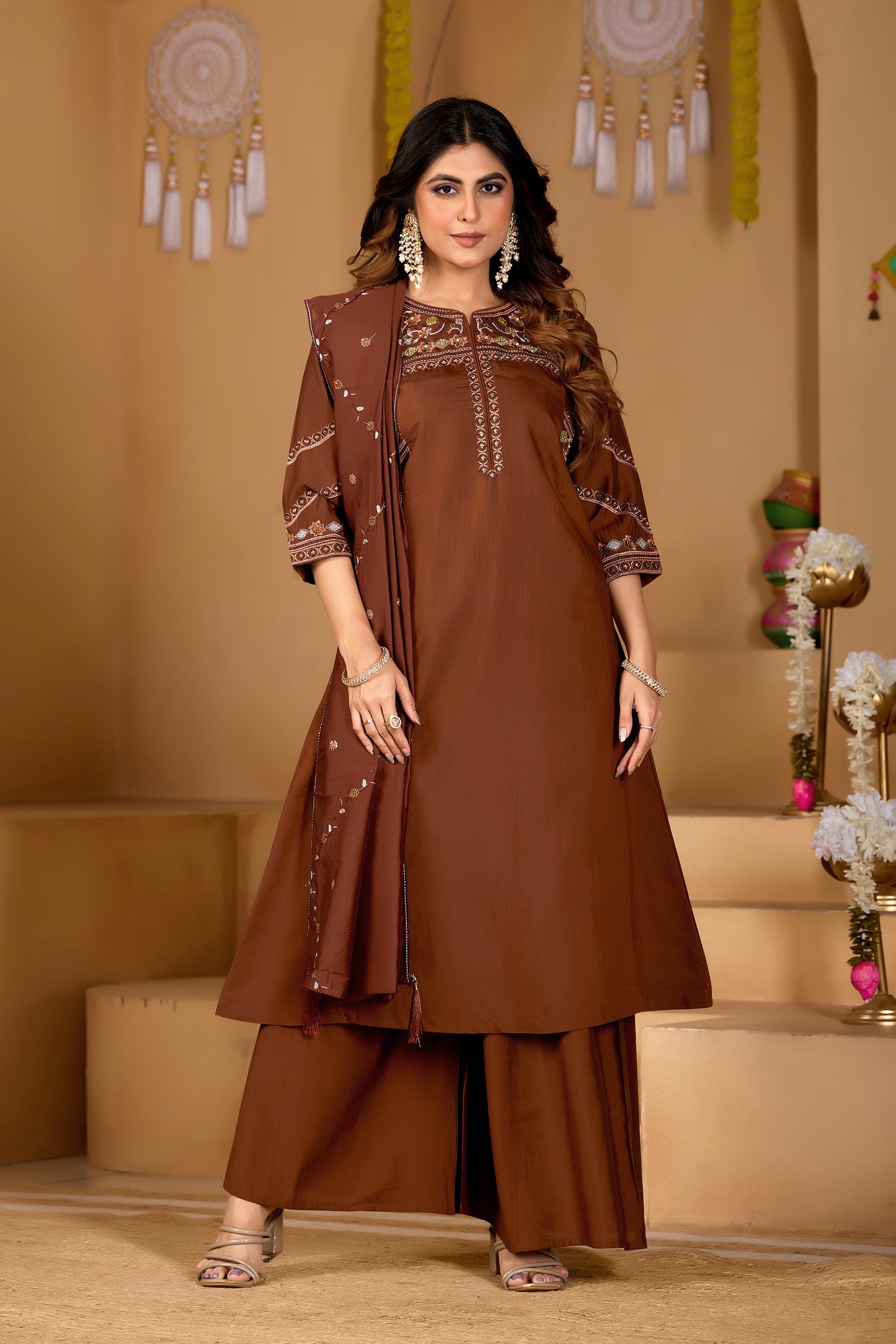 Coffee Viscose Mango Silk Anarkali Kurti Set