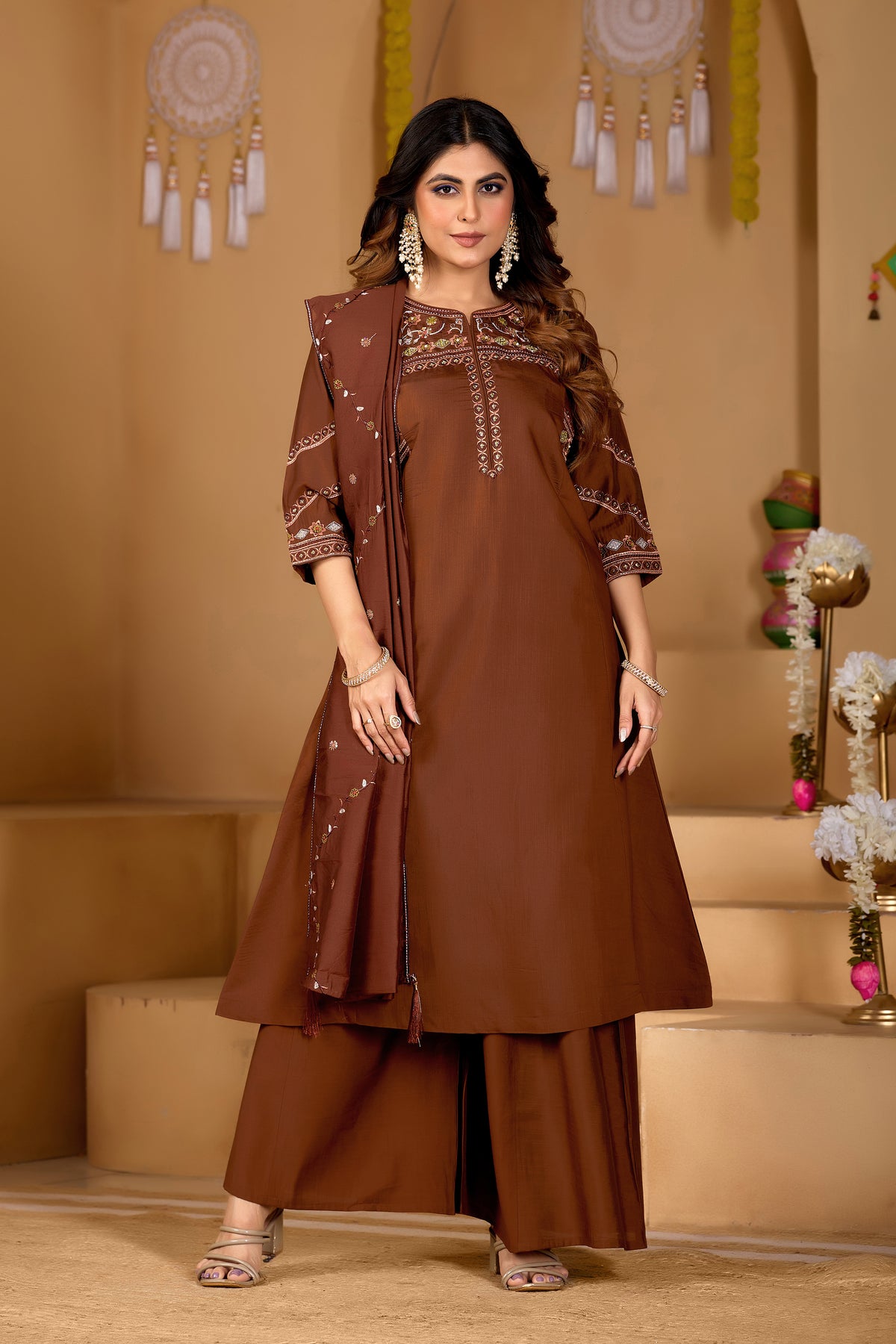 Coffee Viscose Mango Silk Anarkali Kurti Set