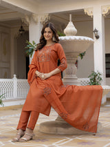 Rust Viscose Mango Silk Embroidered Kurti Set