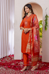 Orange Marina Viscose Silk Multi Embroidered Suit Set