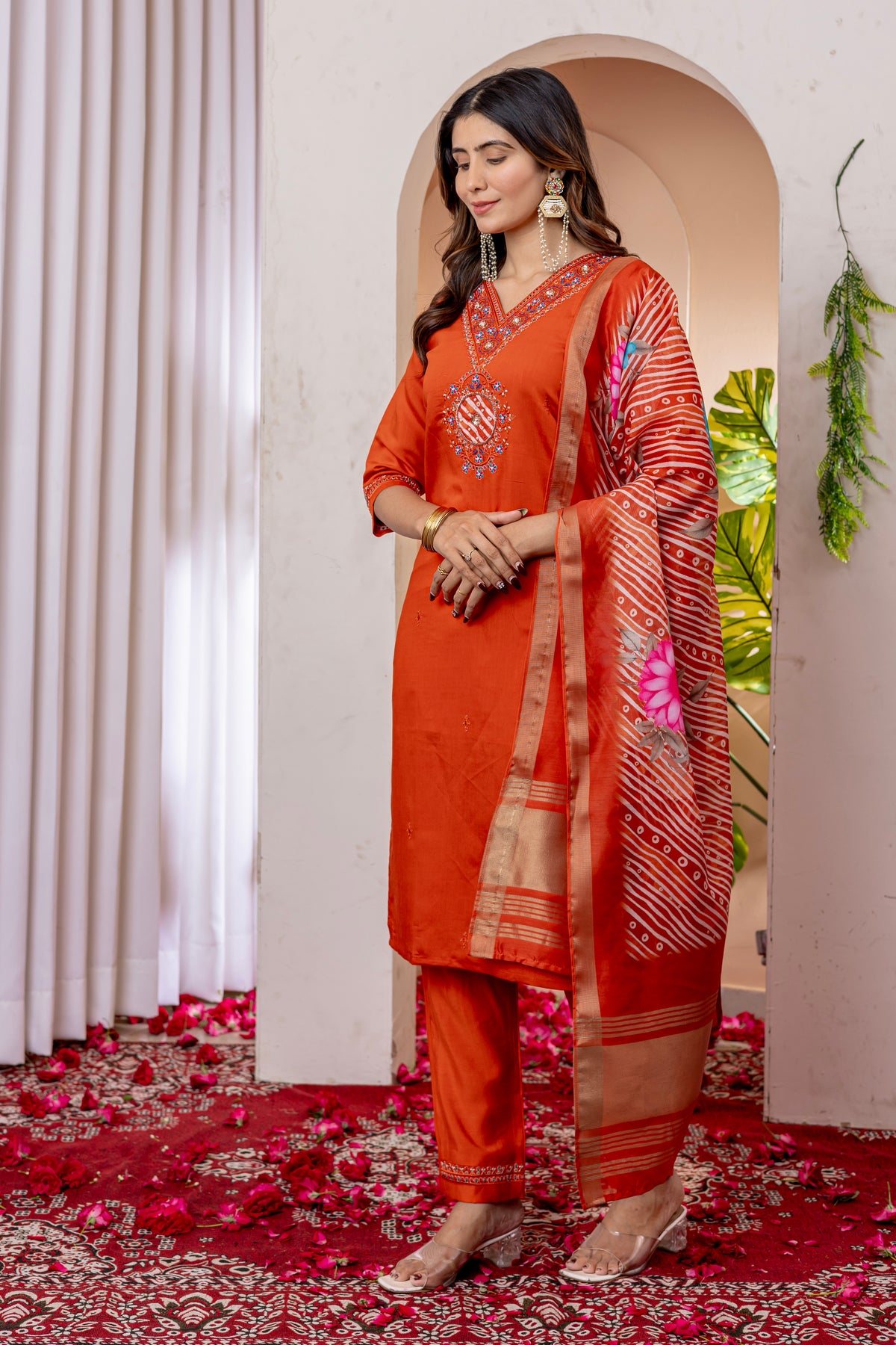 Orange Marina Viscose Silk Multi Embroidered Suit Set