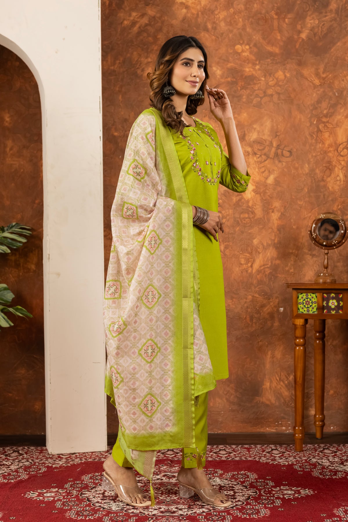 Parrot Green Marina Silk Multi Embroidered Suit Set