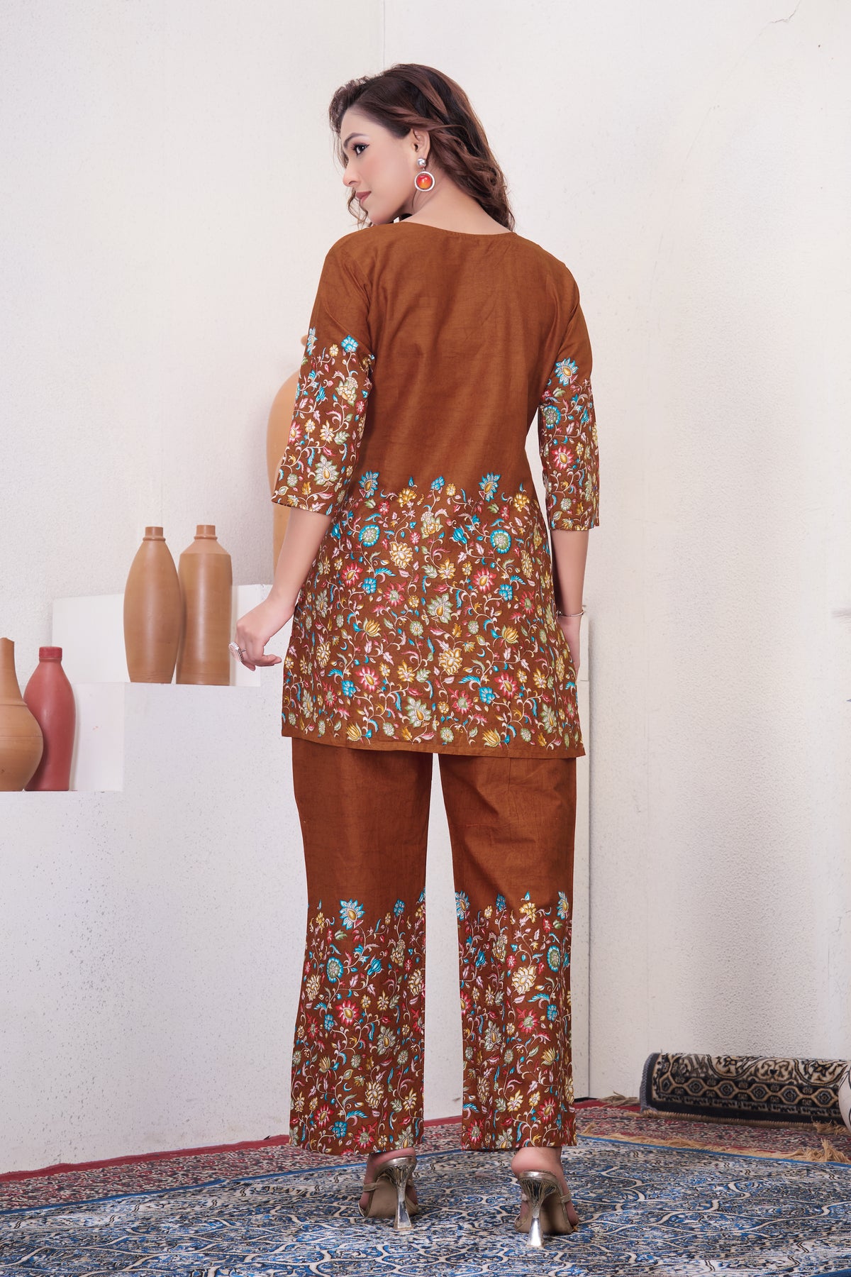Elegant Rust Floral Printed Pure Cotton Co-Ord Set
