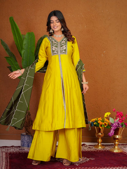 Yellow Roman Silk Anarkali Kurti Set