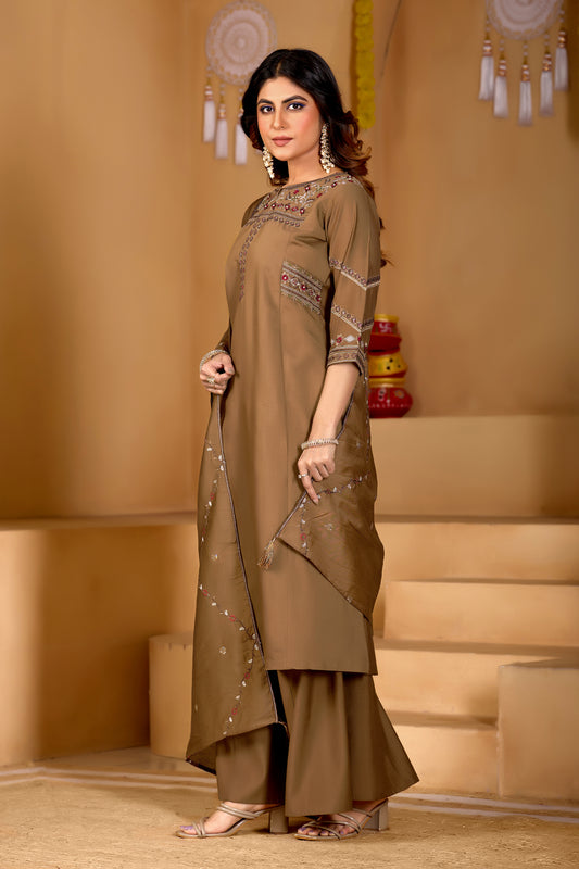 Brown Viscose Mango Silk Anarkali Kurti Set