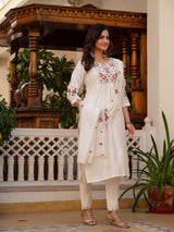 White Viscose Mango Silk Embroidered Kurti Set