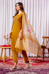 Elegant Mustard Viscose Silk Embroidered Kurta Set
