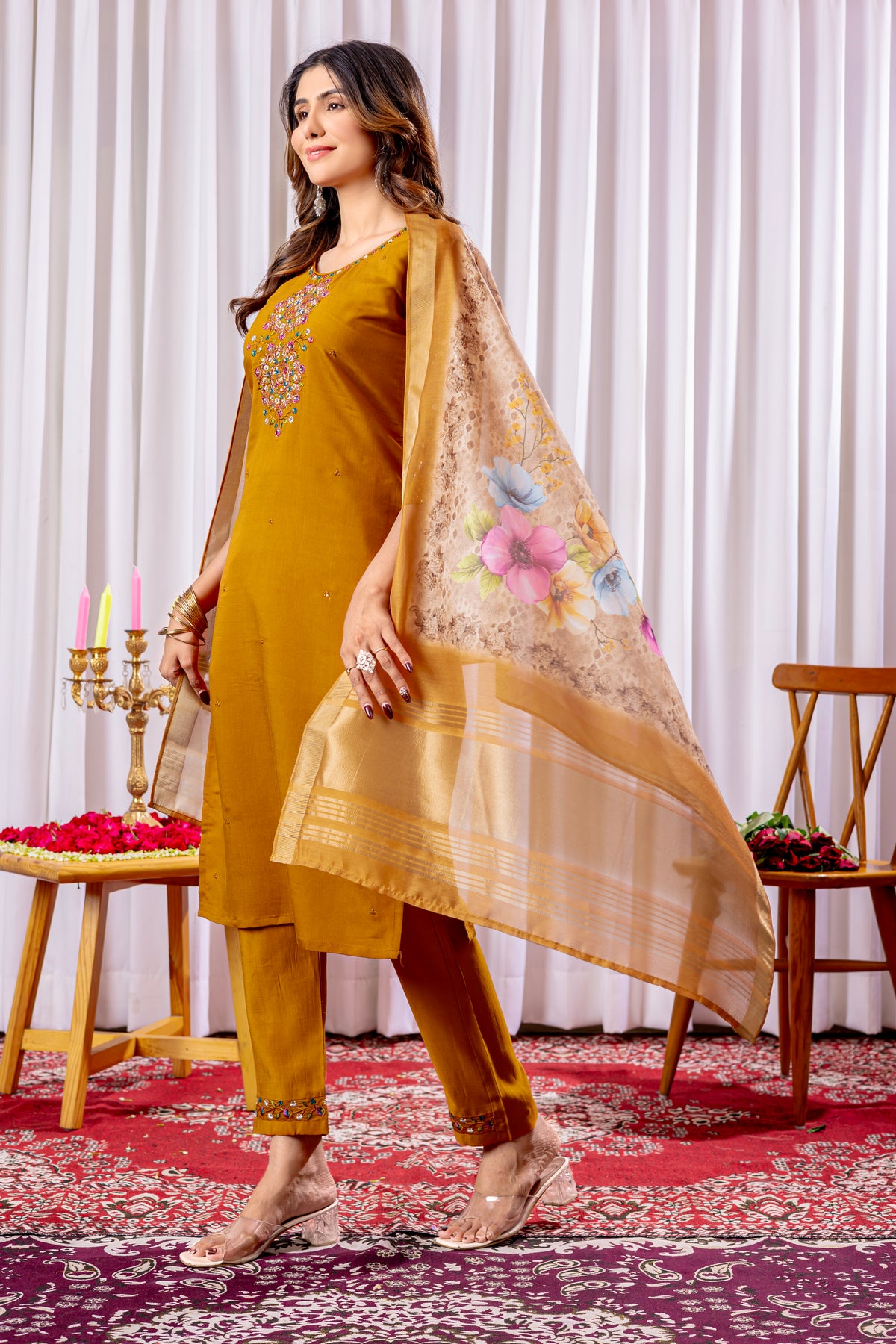 Elegant Mustard Viscose Silk Embroidered Kurta Set