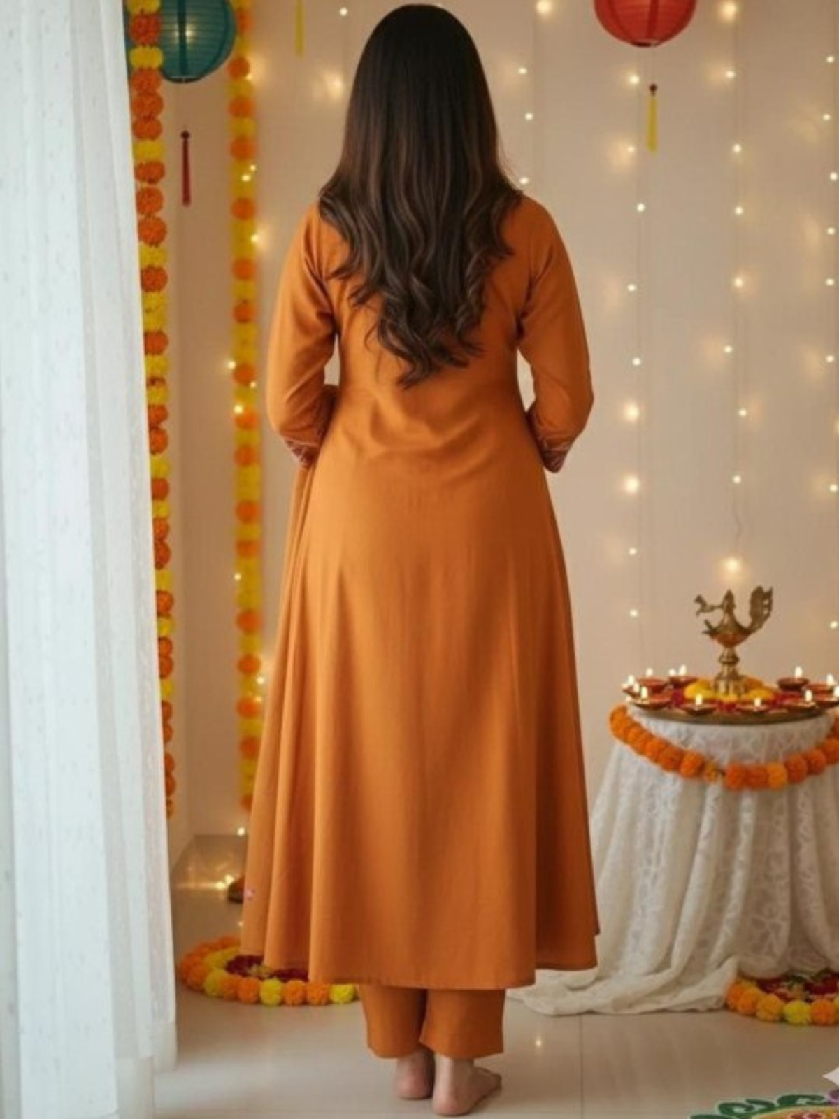 Rust Orange Anarkali Kurti Pant Dupatta Set