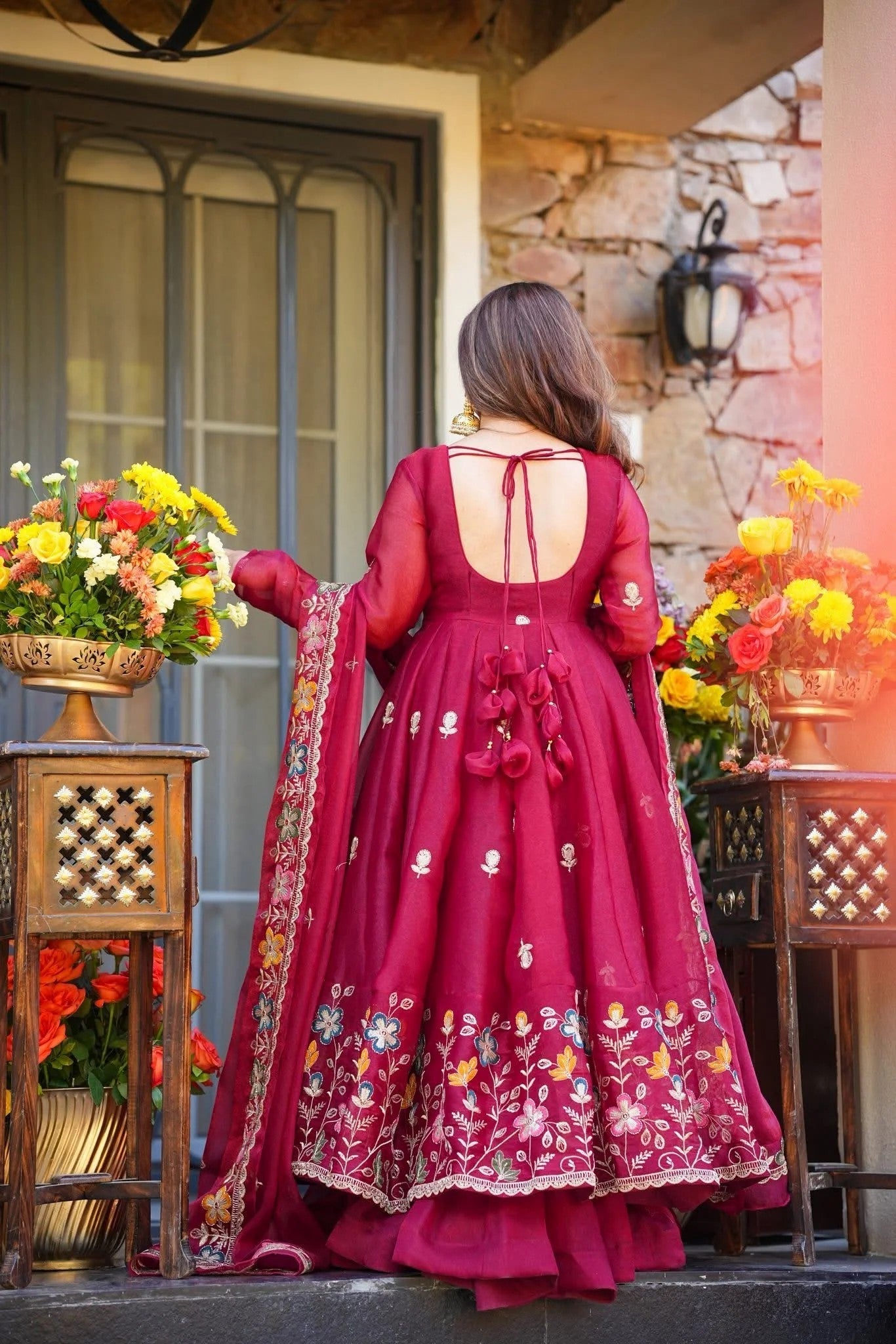 Wine Floral Embroidered Crunchy Silk Anarkali Suit Set
