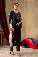 Black Roman Silk Multi Embroidered Suit Set