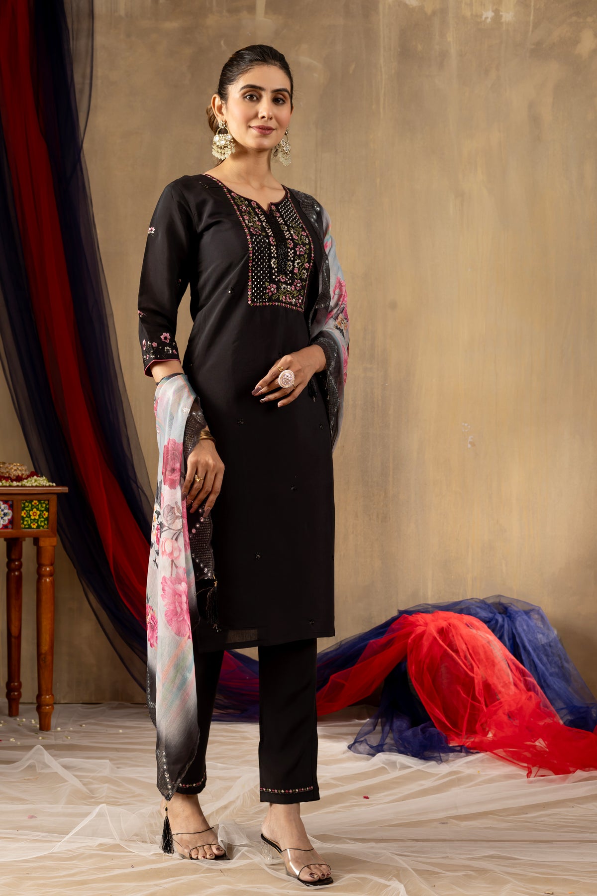 Black Roman Silk Multi Embroidered Suit Set