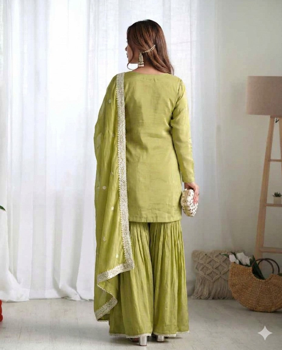 Olive Green Embroidered French Crepe Kurta Sharara Set