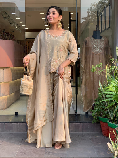 Champagne Embroidered Silk Palazzo Suit Set