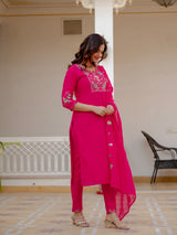 Pink Viscose Mango Silk Embroidered Kurti Set