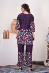 Elegant Wine Floral Printed Pure Cotton Co-Ord Set