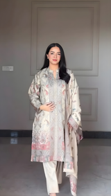Beige Pastel Printed Kurti Pant Dupatta Set