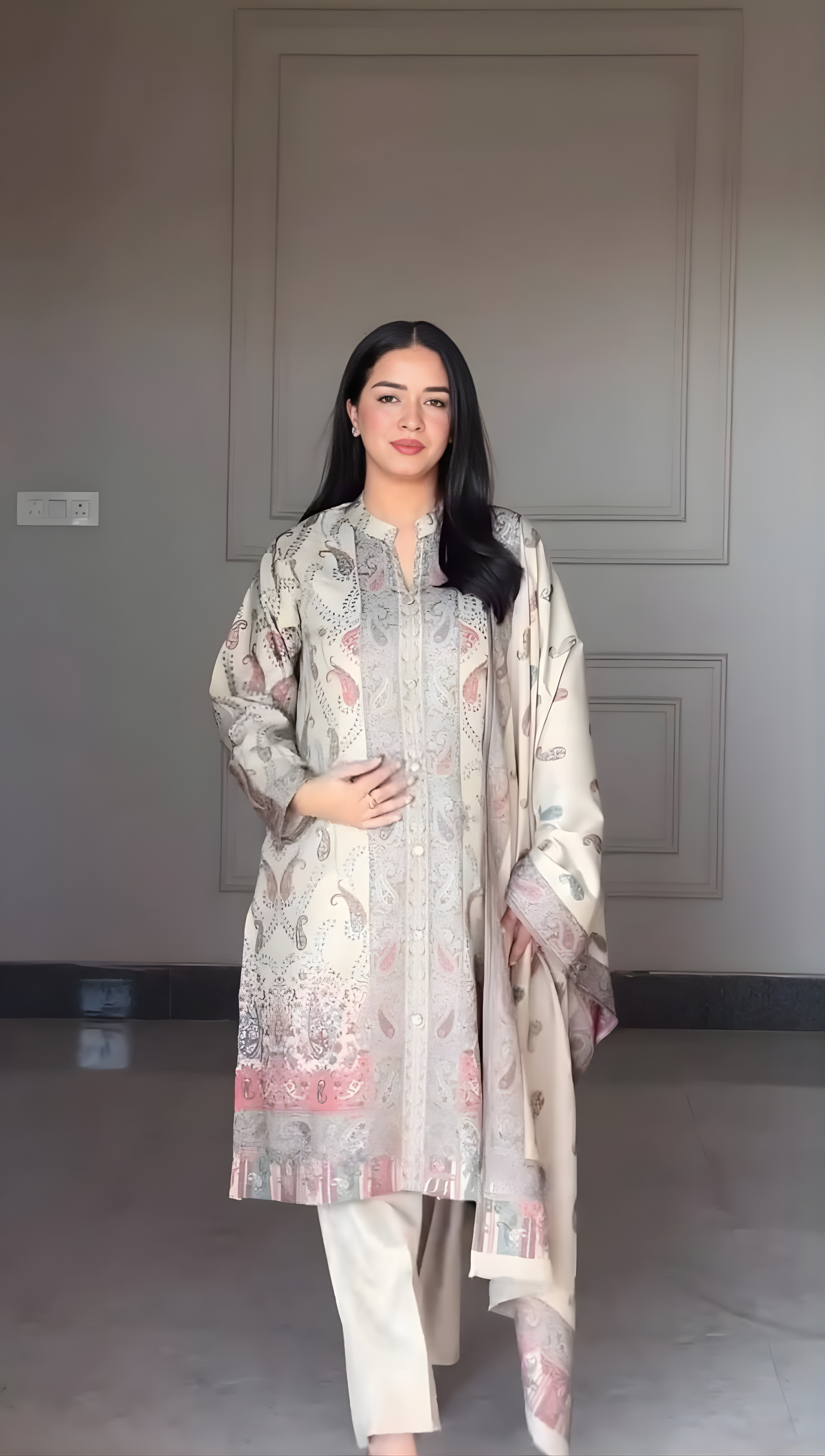 Beige Pastel Printed Kurti Pant Dupatta Set