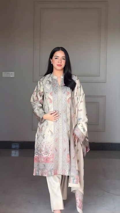 Beige Pastel Printed Kurti Pant Dupatta Set