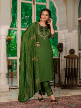 Mehndi Green Marina Silk Multi Embroidered Suit Set