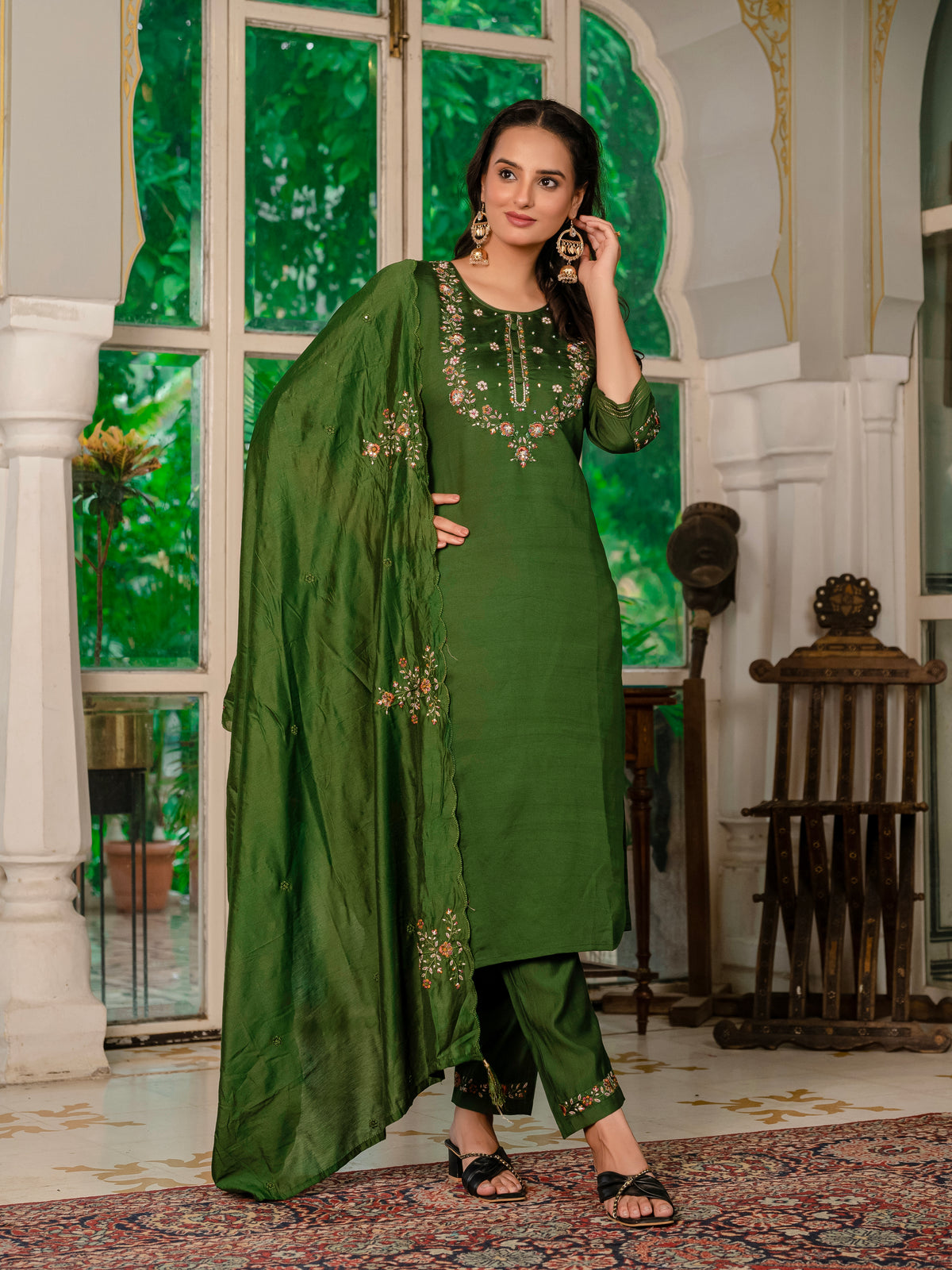 Mehndi Green Marina Silk Multi Embroidered Suit Set